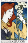 Poster by Eugène Grasset, showing a red-haired woman on a blue background, looking at a white flower.